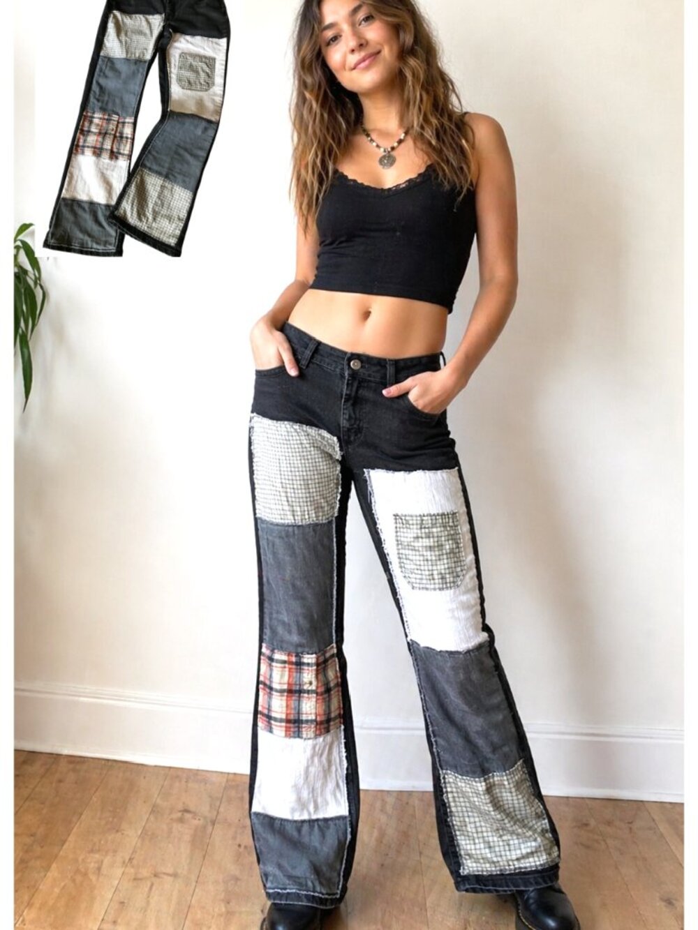 Upcycled Patchwork Jeans, Black Grunge Hippie Pants Tattered Patches Size 12 M